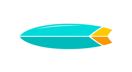 A vibrant, sleek surfboard illustration with a cyan body and an orange/yellow fin. Its design is minimalist