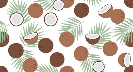 Tropical pattern on a white backdrop; brown coconuts whole & halved, light green palm fronds scattered