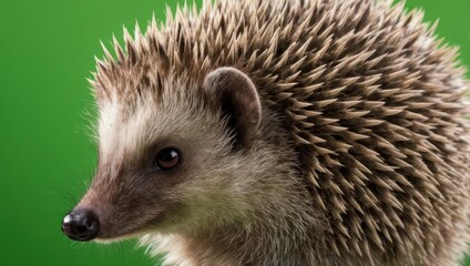 Close-up of a cute hedgehog with spiky quills against a green background.