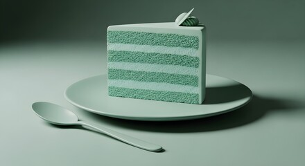 Slice of green cake on a plate with spoon in monochrome color scheme