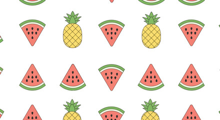 A repeating pattern on white, featuring alternating slices of watermelon and whole pineapples. Simple, bright, and summery