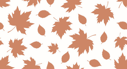 Fototapeta premium A white background hosts scattered, muted brown leaf silhouettes, some maple-shaped, creating a seamless, autumnal pattern