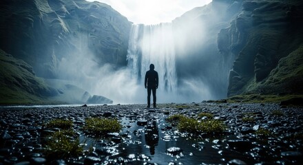 Male silhouette standing before a powerful waterfall. Personal journey and facing challenges concept. Adventure travel and exploration lifestyle. Dramatic natural landscape for inspiration