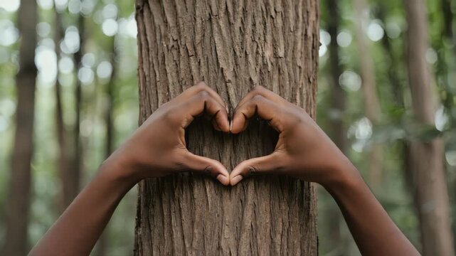 Close-up of human hands forming a heart shape in front of a tree trunk, concept of love nature and conservation, forest background