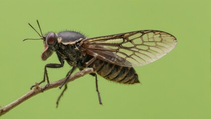 Close-up of a large fly perched on a thin twig against green background.