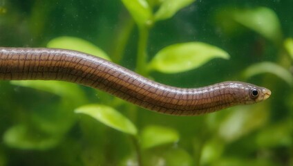 Close-up of a small, slender brown snake-like reptile with a smooth body, moving through lush green foliage.