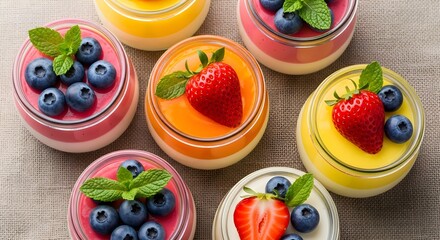 Delicious panna cotta desserts with fresh berries and mint leaves on table