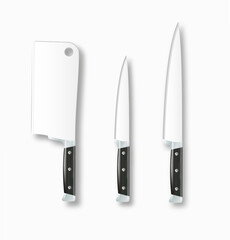 Realistic 3D kitchen knife set meat cleaver types of cutlery for cooking. Kitchen. Vector
