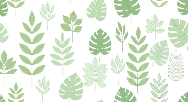 A repeating pattern featuring various stylized green leaves on a white background. Leaves vary in size and design