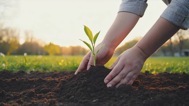 Close-up of human hands planting a small green sapling into soil, sunlight shining in the background, symbol of sustainability and care for nature