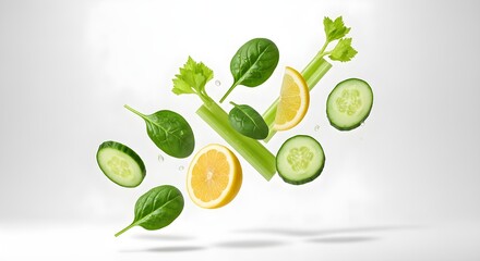 Fresh green vegetables and citrus fruits floating on white background