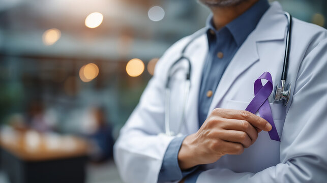 Faceless doctor with purple ribbon defocused medical office background world cancer day symbol lupus and pancreatic cancer awareness Alzheimer's and epilepsy support - Powered by Adobe