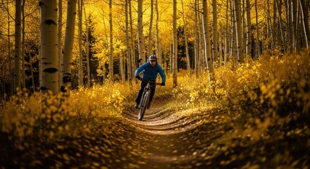 Male adult mountain biker on a singletrack path. Cycling through a golden aspen forest during autumn. Outdoor adventure and recreational sport. Healthy lifestyle and fitness concept