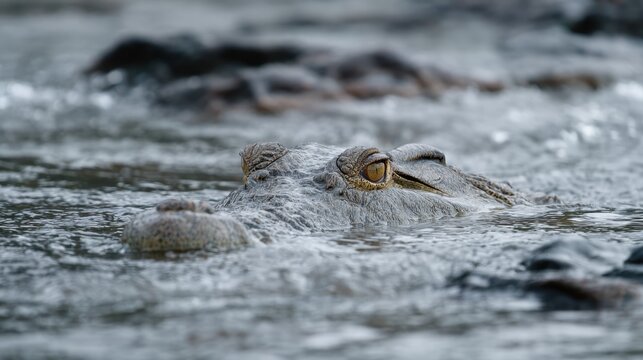 Alligator partially submerged in water, close-up wildlife photography