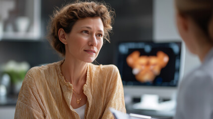 Faceless woman patient consulting doctor with anatomy uterus visualization defocused medical office background ovarian and cervical cancer discussion reproductive system concept