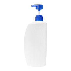 A white shampoo bottle with a blue dispenser. Personal hygiene product