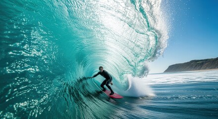 Young male surfer riding inside a perfect turquoise wave barrel. Extreme water sport athlete performing a tube ride maneuver. Dynamic action for adventure lifestyle marketing