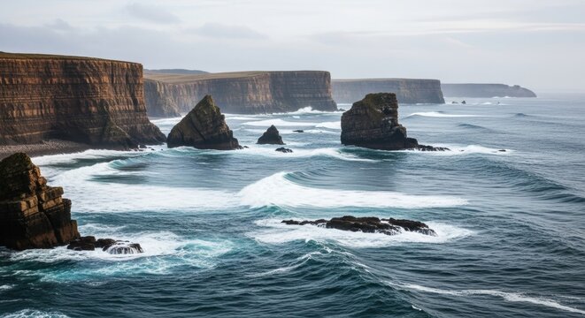 Rugged coastal cliffs and sea stacks on a dramatic shoreline. Powerful ocean waves with white foam breaking on rocks. Wild northern seascape for travel and adventure. Natural power and untamed beauty - Powered by Adobe