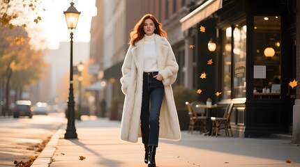 Fashionable Woman Walking on City Street During Autumn Season