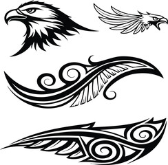 Bold set of four black tribal vector illustrations featuring a powerful screaming eagle and hawk heads with stylized feather and flowing scroll wing design elements for tattoo and logo art.