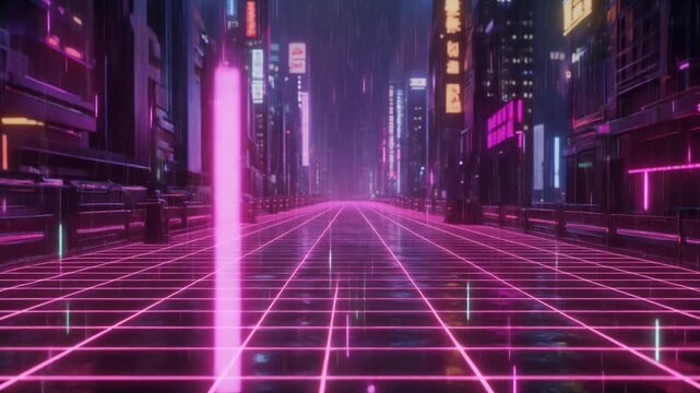 Experience neon-lit futuristic cityscapes with rain effects, ideal for tech backgrounds, gaming visuals, and modern design projects, dynamic and evocative - Powered by Adobe