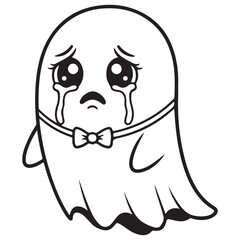 Cute Crying Ghost Cartoon Character with Bow Tie, Black Outline Art