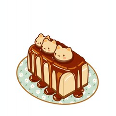 Kawaii pudding dessert with cute cat faces and chocolate topping illustration