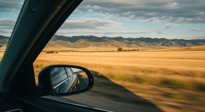 View from a moving car window on a scenic road trip. Automotive travel and adventure concept. Side mirror reflection during a highway journey with mountain views and motion blur