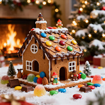 Wundersch&ouml;nes Lebkuchenhaus, dekoriert mit S&uuml;&szlig;igkeiten, Schnee und einer gem&uuml;tlichen Weihnachtskaminszene