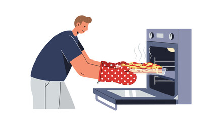Man wearing oven mitts taking a delicious lasagna out of the oven for a cozy family dinner night filled with love and laughter
