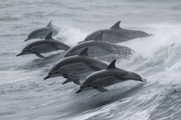Obraz premium Dolphins Jumping Through Waves in a Vibrant Ocean Scene During Daylight Hours