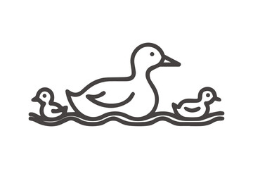 Simple Line Art of a Mother Duck and Two Ducklings Swimming animal bird