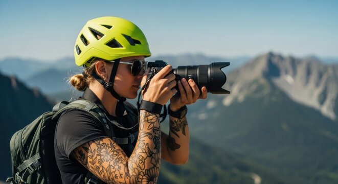 Caucasian female adventurer with tattoos capturing mountain landscape. Professional content creator using camera for travel storytelling. Outdoor lifestyle and extreme sports documentation