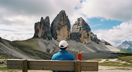 Hiker resting on a wooden bench admiring a dramatic mountain landscape. Solo travel and outdoor adventure lifestyle. Contemplative moment in nature for wellness and personal growth