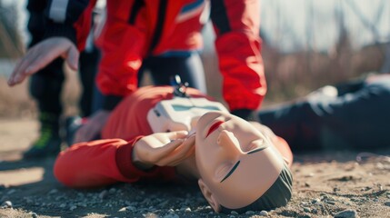 A rescue training session with a CPR mannequin on the ground. A person in a red jacket performs chest compressions on the mannequin.