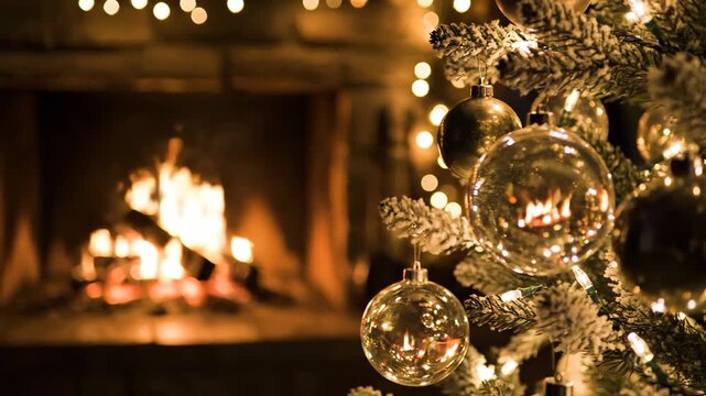 Beautiful Christmas Tree Ornaments with Cozy Fireplace and Warm Lights Background.
