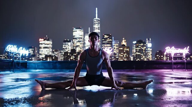 Athletic Man Performing Straddle Split on Wet Rooftop at Night with City Skyline Neon Lights
