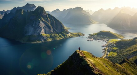 Person achieving a goal on a mountain summit. Inspirational journey and travel adventure concept. Panoramic view of a Norwegian fjord and fishing village. Exploring nature for wellness
