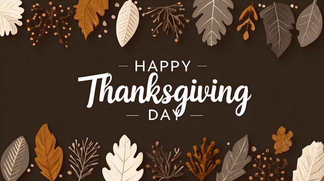 Hand-lettered “Happy Thanksgiving Day” flat vector poster, beige-white-gray leaf pattern on dark-chocolate ground, brown-scheme banner flyer card - Powered by Adobe