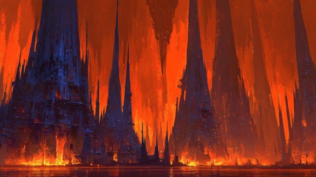 Fiery, dark, spired structures in a hellish landscape - Powered by Adobe