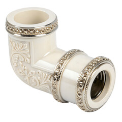 Ceramic pipe fitting, ornate, white, metallic trim, isolated PNG transparent background