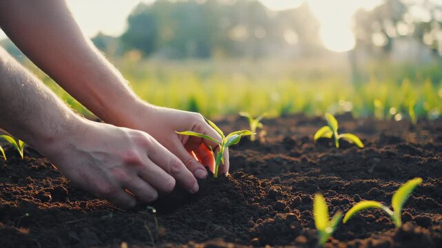 Close-up of human hands planting a small green sapling into soil, sunlight shining in the background, symbol of sustainability and care for nature