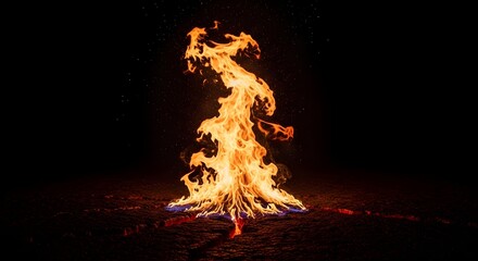 A powerful column of fire bursts through the cracked desert floor at night, its glowing molten orange and yellow tones illuminating the darkness