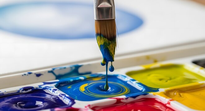 Close-up of a paintbrush mixing blue, green, and yellow paint on an artist’s palette. Perfect for concepts of creativity, art, design, imagination, and color blending.