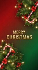 Vertical Merry Christmas card or social media post. Red, green gradient background. Festive flyer, invitation with candy cane, lights.