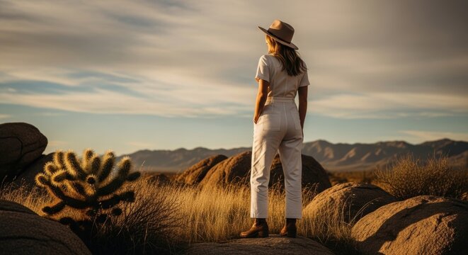 Stylish female traveler enjoying a desert vista at golden hour. Solo adventure and wanderlust concept. Caucasian adult woman exploring a national park with mountains and cactus - Powered by Adobe