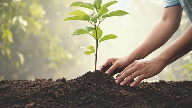 Close-up of human hands planting a small green sapling into soil, sunlight shining in the background, symbol of sustainability and care for nature
