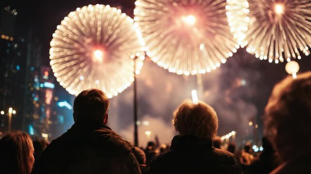 A group of spectators enjoys a spectacular fireworks show against a backdrop of city skyscrapers at night. The festive atmosphere captures the spirit of celebration and togetherness