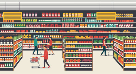 People shopping for groceries in a vibrant, well-stocked supermarket aisle filled with colorful products and fresh produce