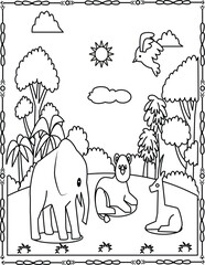 Forest Animals Coloring Page. Elephant, Deer, Bear, and Bird in Nature Scene for Kids.